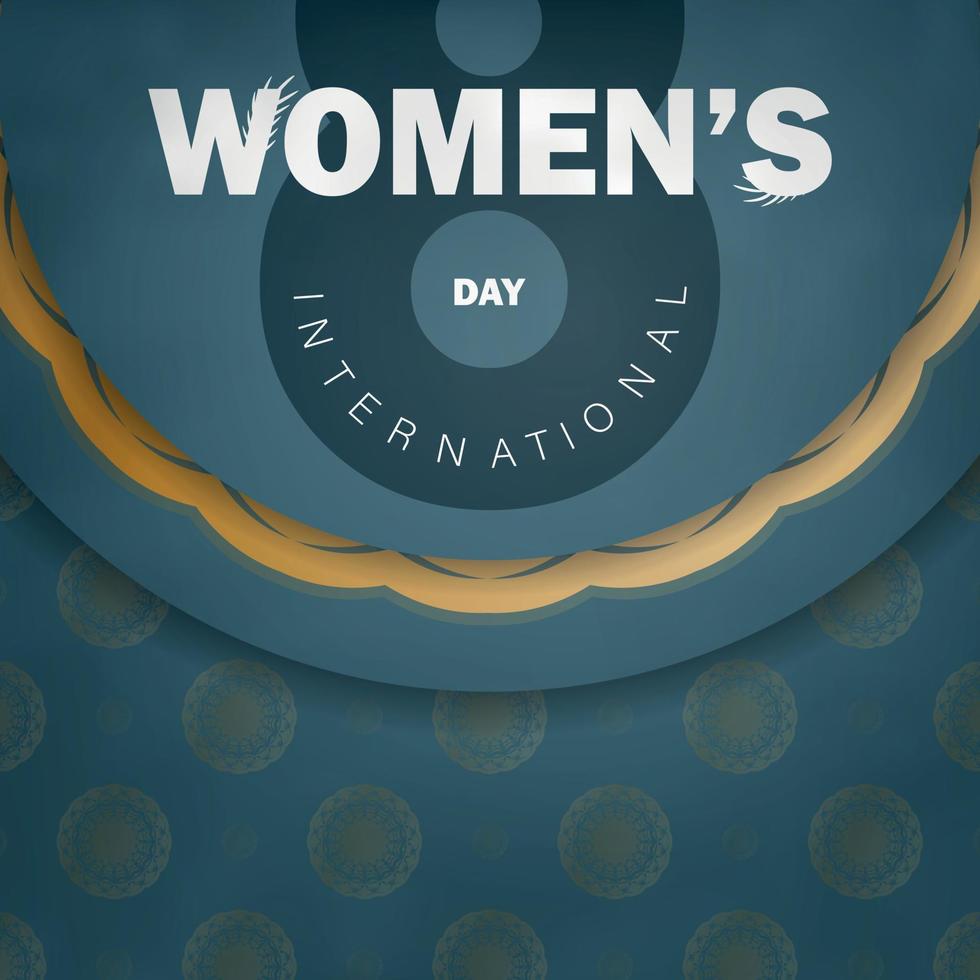 Semester kort 8 Mars internationell kvinnors dag i blå med abstrakt guld mönster vektor