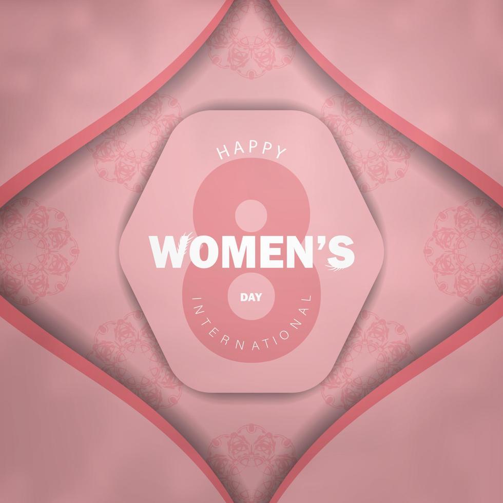 hälsning kort 8 Mars internationell kvinnor dag rosa med vinter- prydnad vektor