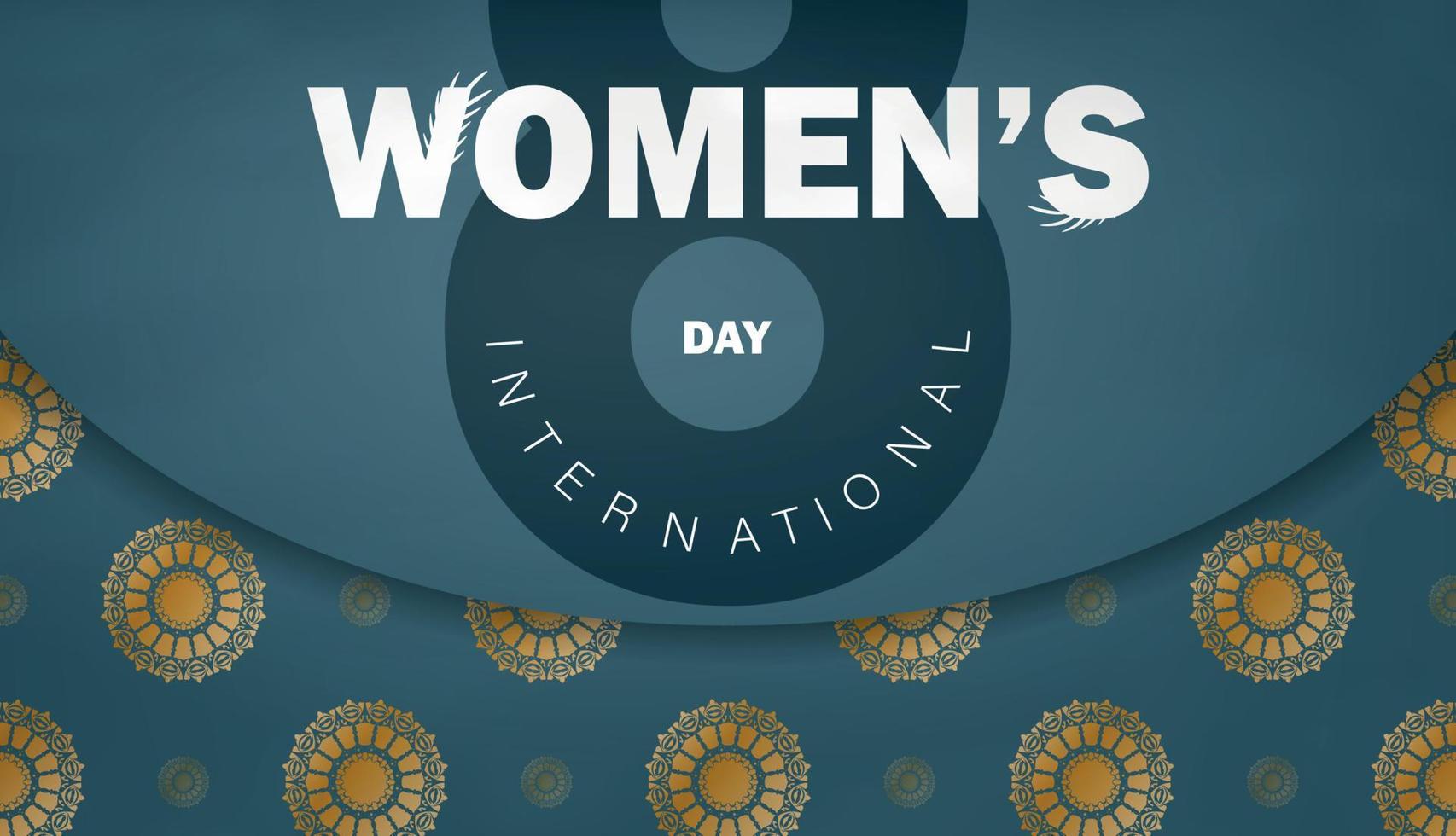 internationell kvinnor dag hälsning kort mall i blå Färg med abstrakt guld mönster vektor