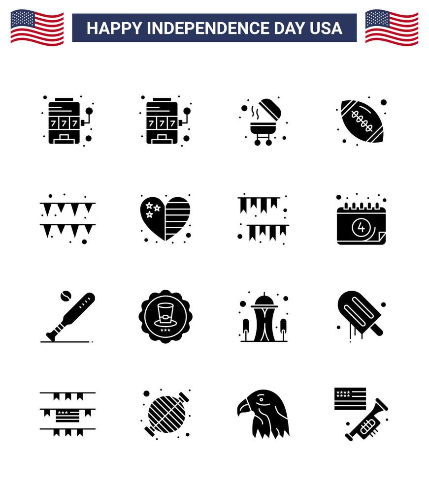 Packung mit 16 kreativen USA-Unabhängigkeitstag-bezogenen soliden Glyphen der USA-Land-Rugby-Herz-Girlande editierbare USA-Tag-Vektordesign-Elemente vektor