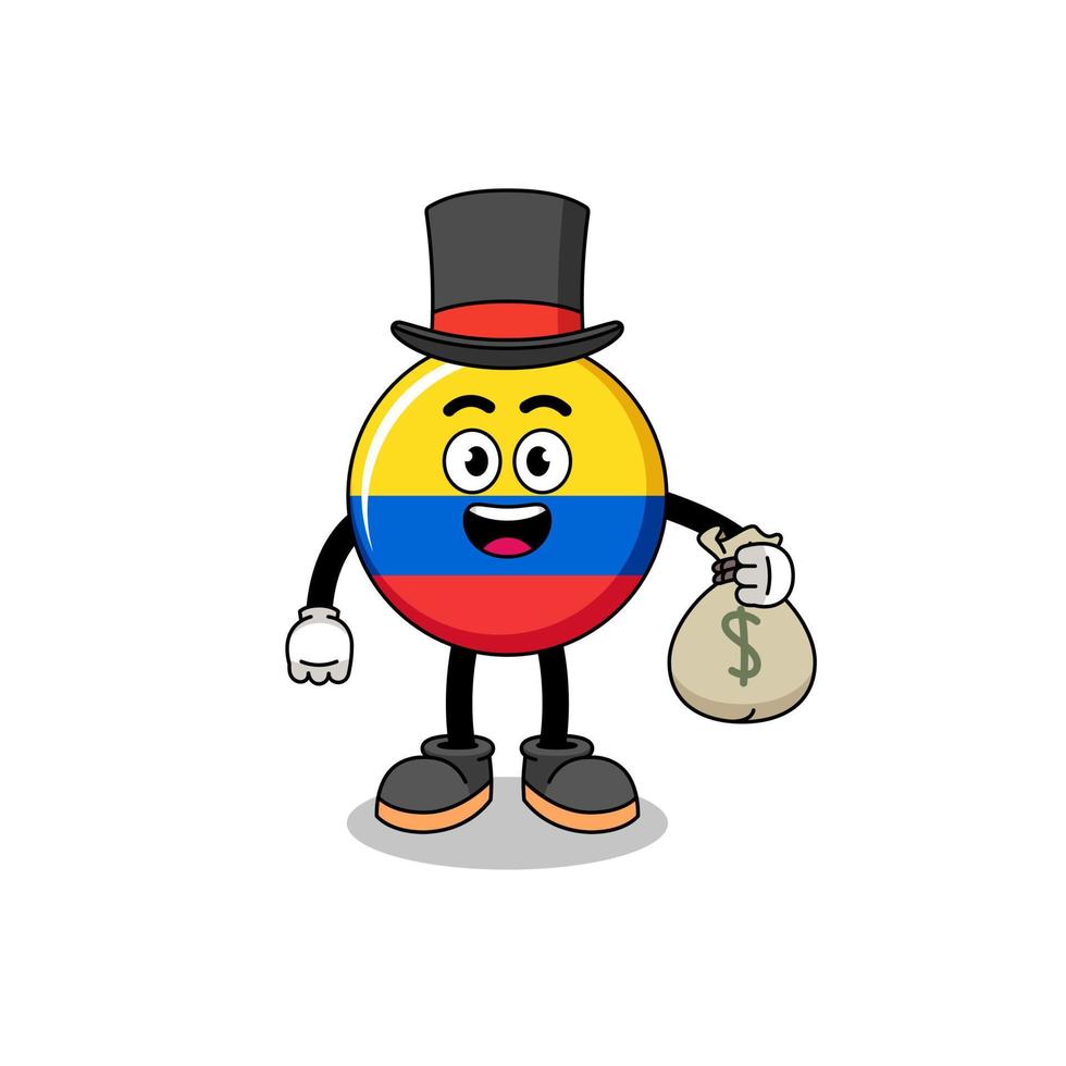 colombia flagga maskot illustration rik man innehav en pengar säck vektor