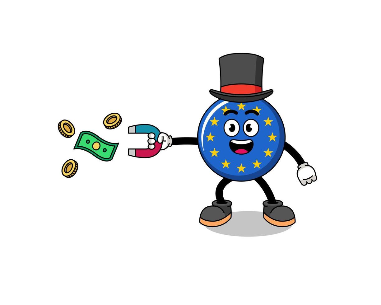 charakterillustration der europaflagge, die geld mit einem magneten fängt vektor