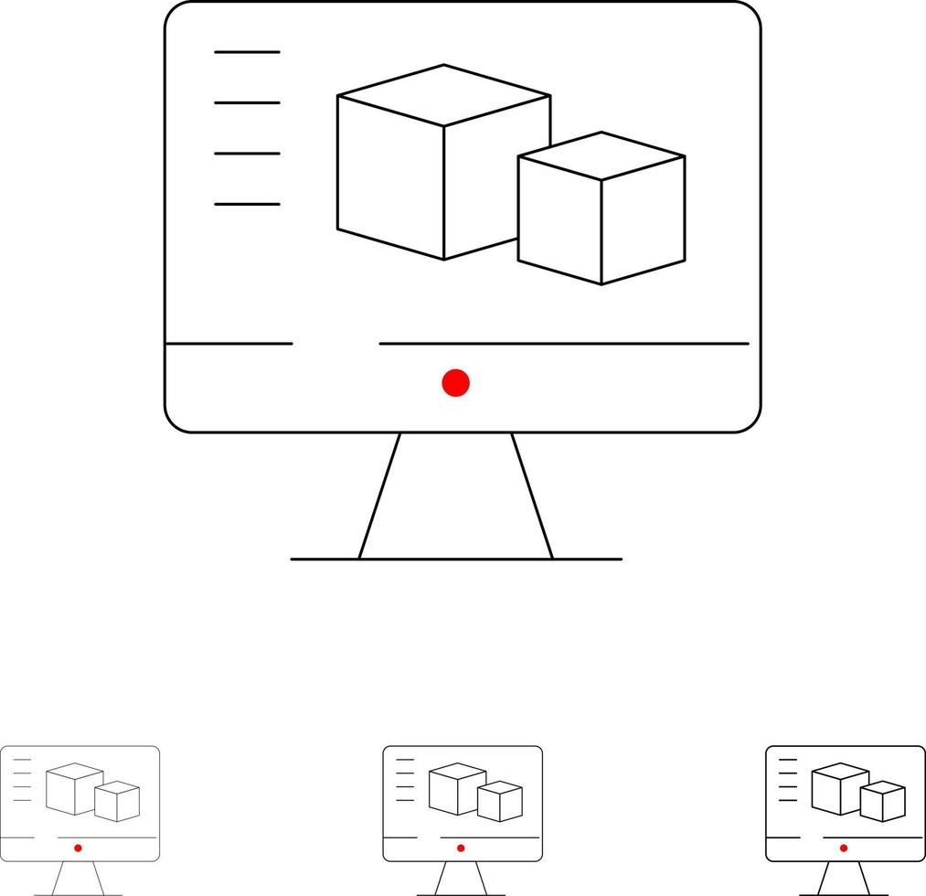 Computermonitor-Box, die fette und dünne schwarze Linien-Icon-Sets berechnet vektor