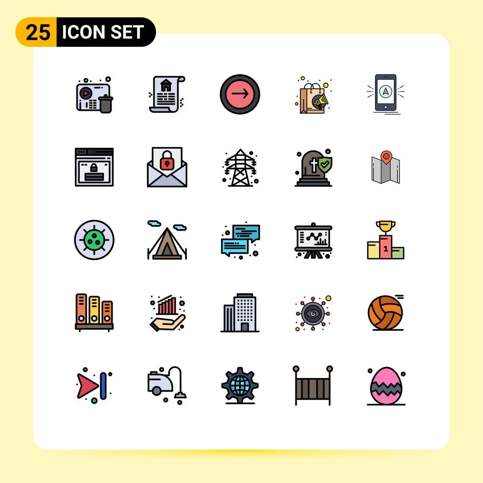 moderner Satz von 25 gefüllten Linien, flachen Farben und Symbolen wie App-Shopping-Basic-Marketing-Tasche, editierbare Vektordesign-Elemente vektor