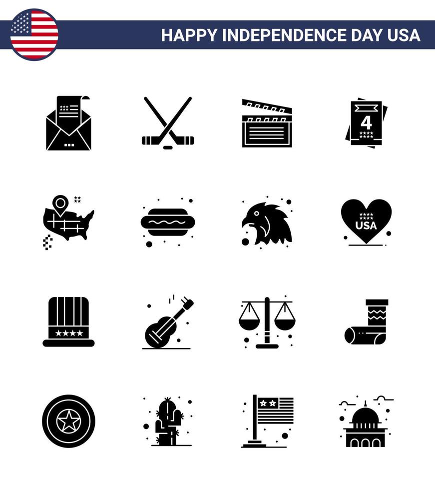 Lycklig oberoende dag 4:e juli uppsättning av 16 fast glyfer amerikan pictograph av Karta bröllop amerikan kärlek USA redigerbar USA dag vektor design element