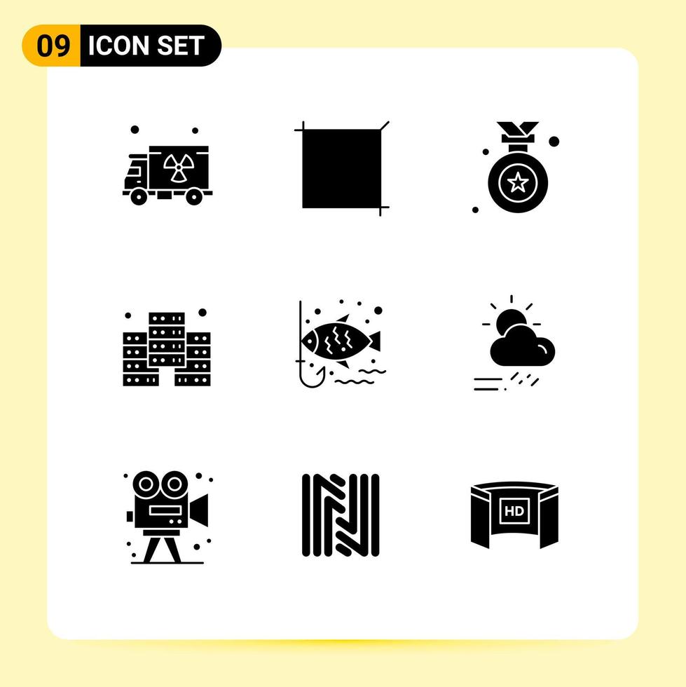9 solides Glyphenkonzept für mobile Websites und Apps Tag Freizeit Medaille Haken Fisch editierbare Vektordesign-Elemente vektor