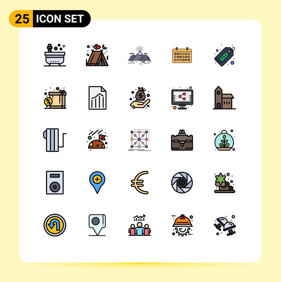 25 universell gefüllte flache Farbzeichen Symbole des Jahres Datum Zelt Kalender Berg editierbare Vektordesign-Elemente vektor