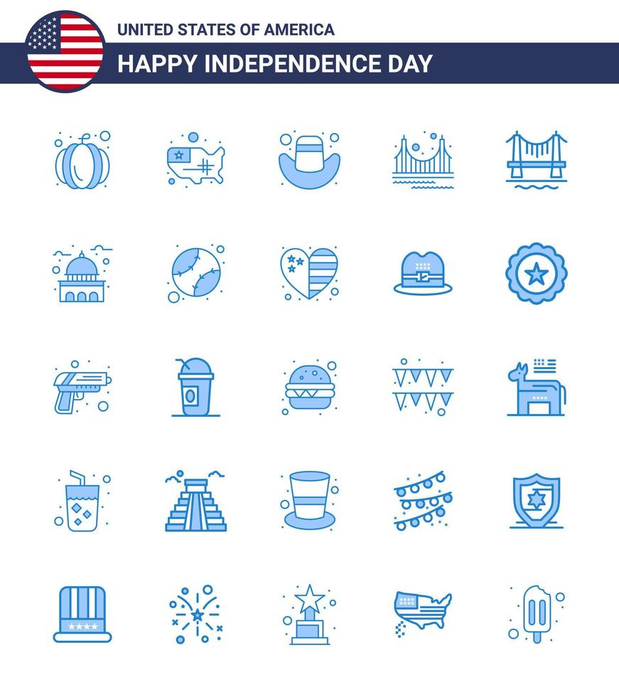 4:e juli USA Lycklig oberoende dag ikon symboler grupp av 25 modern blues av stad bro keps turism gyllene redigerbar USA dag vektor design element