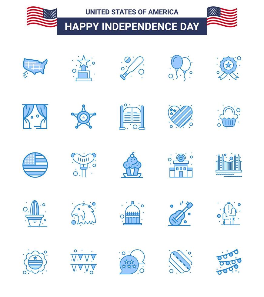 Usa Happy Independence DayPiktogrammsatz von 25 einfachen Blautönen der Polizei, die den Fledermausabzeichentag untersucht, editierbare Usa-Tag-Vektordesign-Elemente vektor