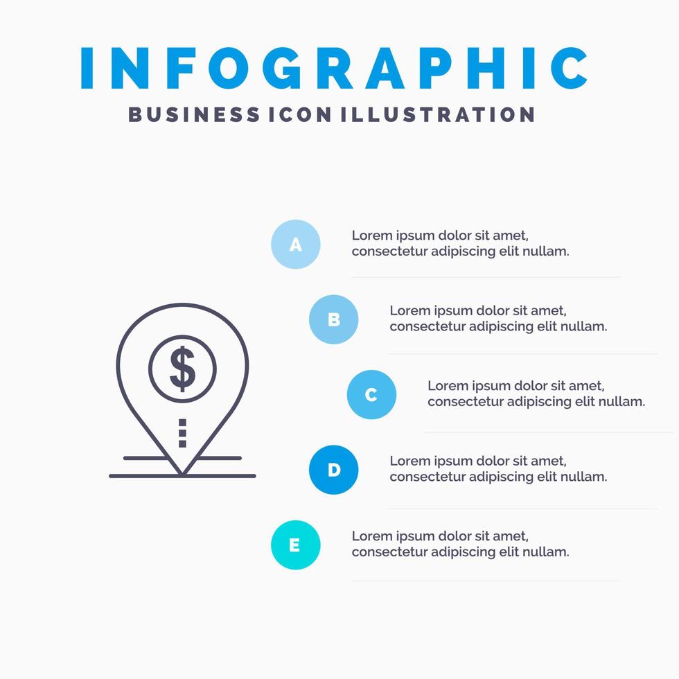 dollar stift Karta plats Bank företag linje ikon med 5 steg presentation infographics bakgrund vektor