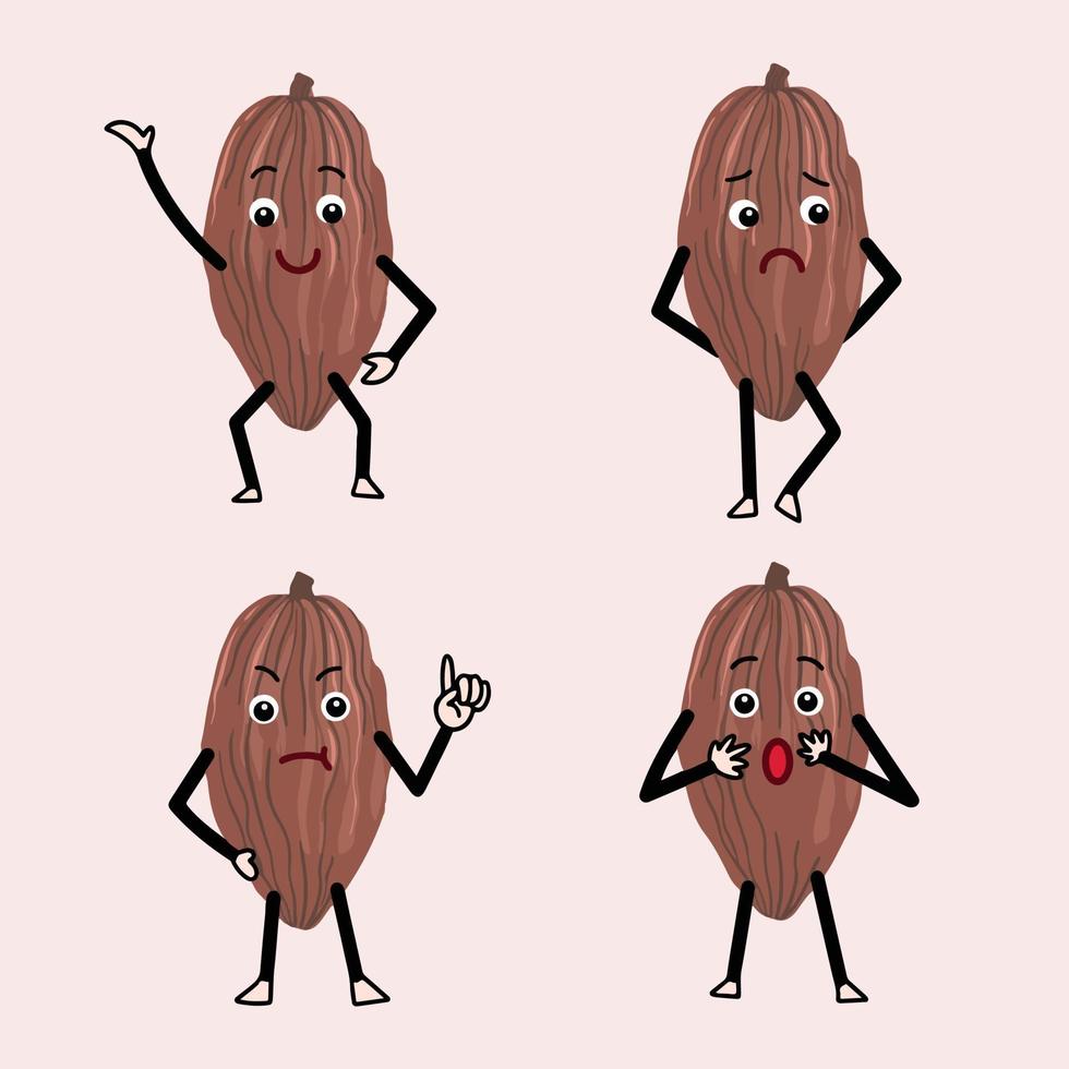 choklad frukt böna kakao eller kakao vektor illustration. maskot karaktär med söt uttryck med Lycklig, ledsen, galen, och överraskad utgör. isolerat tecknad serie platt teckning på ljus brun bakgrund.