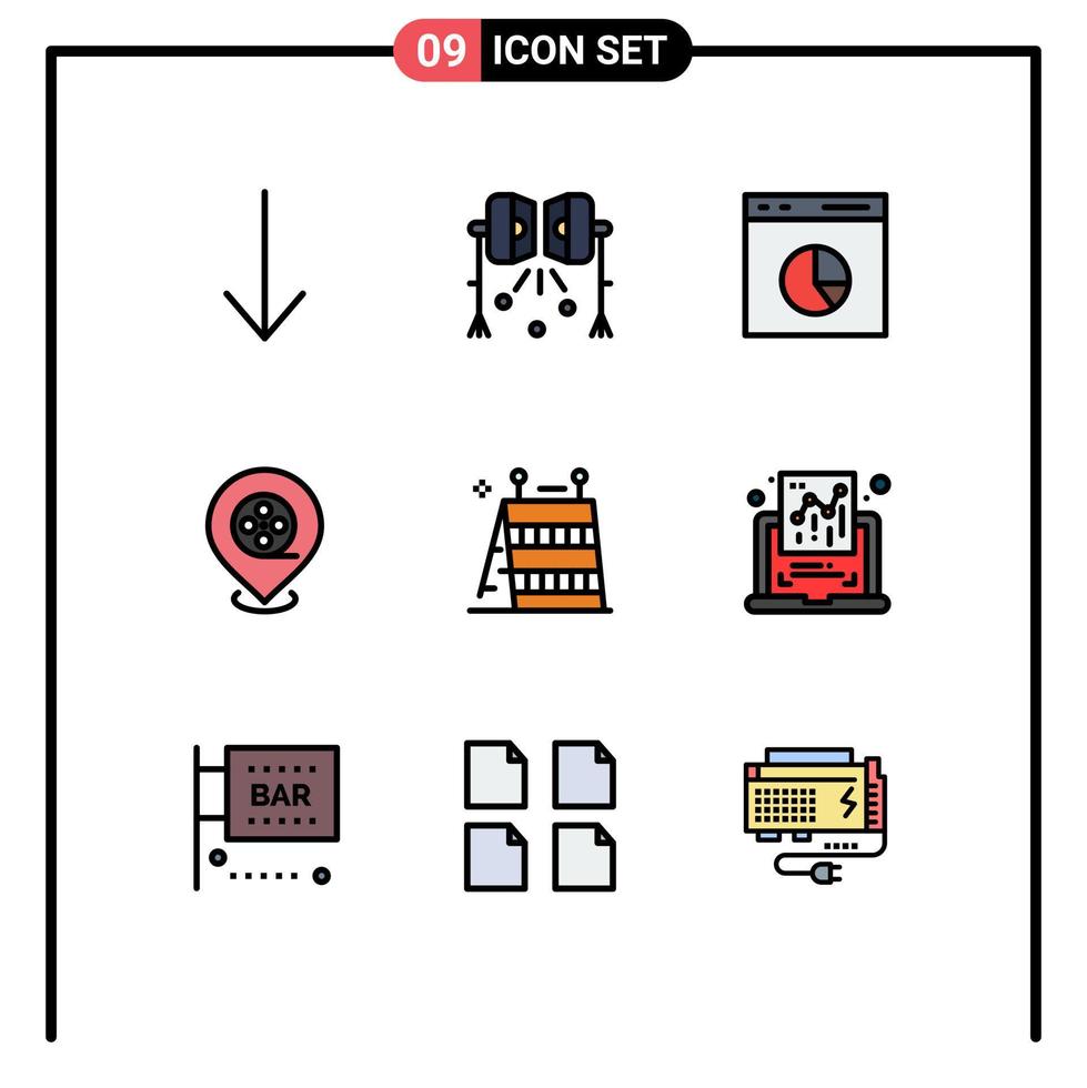 grupp av 9 fylld linje platt färger tecken och symboler för Utrustning barriär diagram filmer bio redigerbar vektor design element