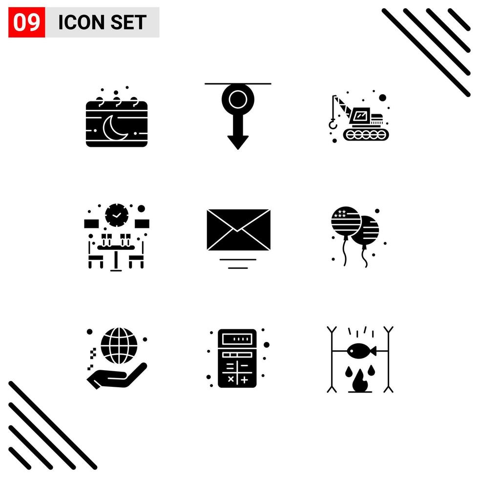 Gruppe von 9 soliden Glyphen Zeichen und Symbolen für Post Free Man Dinner Transport editierbare Vektordesign-Elemente vektor