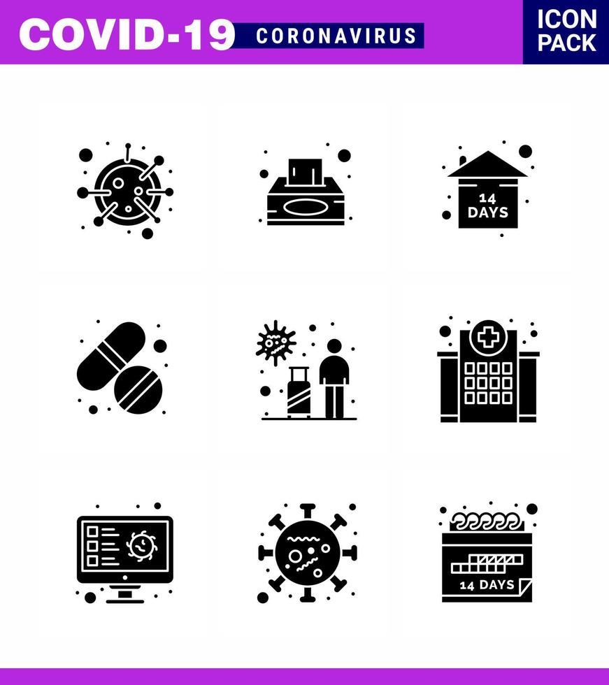 Coronavirus-Bewusstseinssymbol 9 solide Glyphe schwarze Symbole Symbol enthalten Infektion Tablette Gewebebox Pille zu Hause bleiben virales Coronavirus 2019nov Krankheitsvektor Designelemente vektor