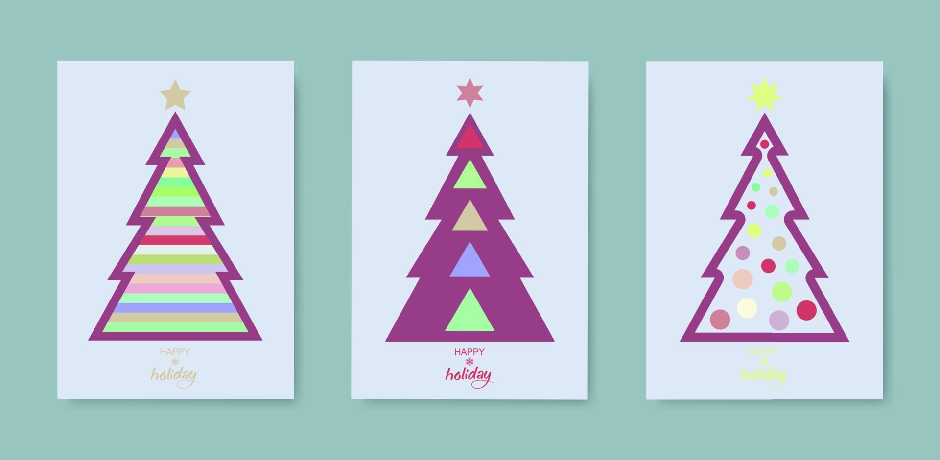 Vintage frohe Feiertagsabdeckungen. Weihnachtsbaum-Set-Karte. Designvorlagen mit Typografie, Saisonwünsche im modernen minimalistischen Stil für Web, Social Media, Print. Pastellfarben auf weißem altem Hintergrund vektor
