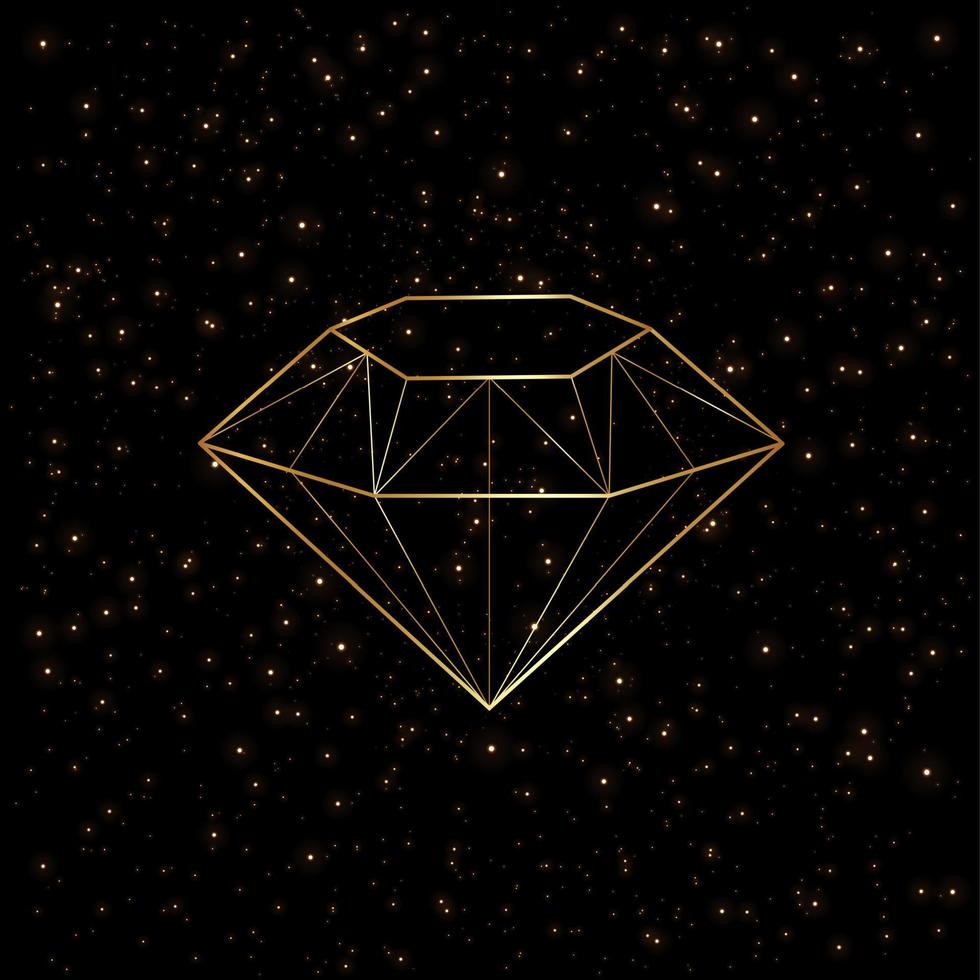 3d diamant form guld logotyp, gyllene lyx ikon i linje konst stil på starry himmel med svart bakgrund, vektor illustration