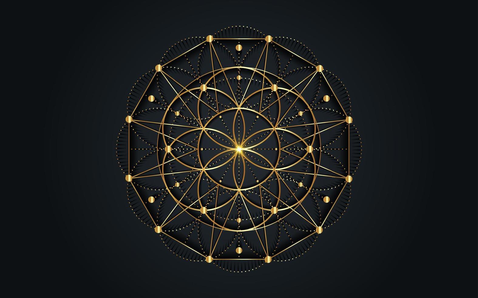 utsäde av liv symbol helig geometri. geometrisk mystiker mandala av alkemi esoterisk blomma av liv. guld lyx design, vektor gudomlig meditativ amulett isolerat på svart bakgrund