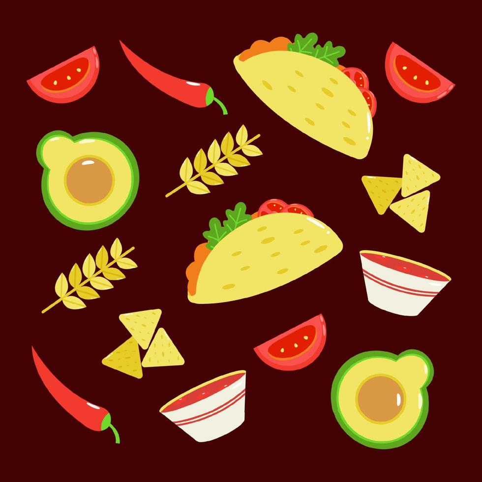 mexikanische Nahrung. tacos, nachos, avocado und gemüsemuster vektor