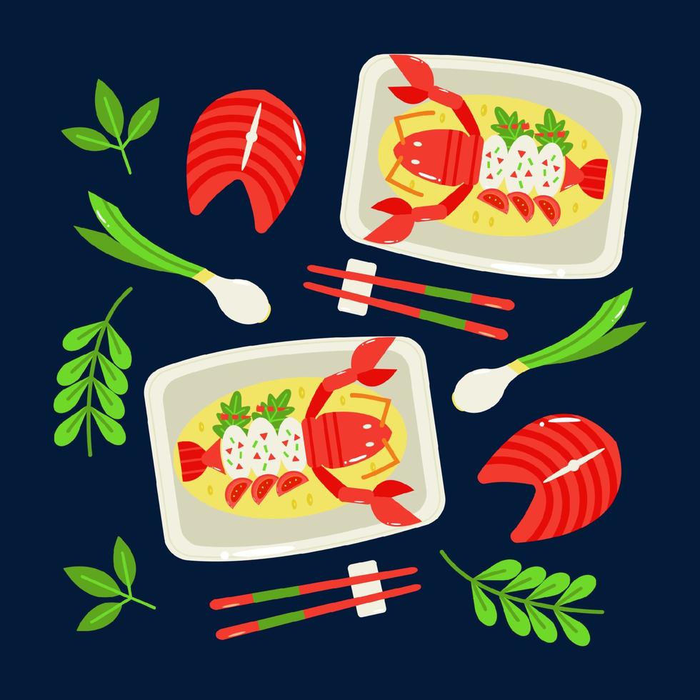 kinesisk skaldjur, ångad hummer och färsk tonfisk mönster vektor