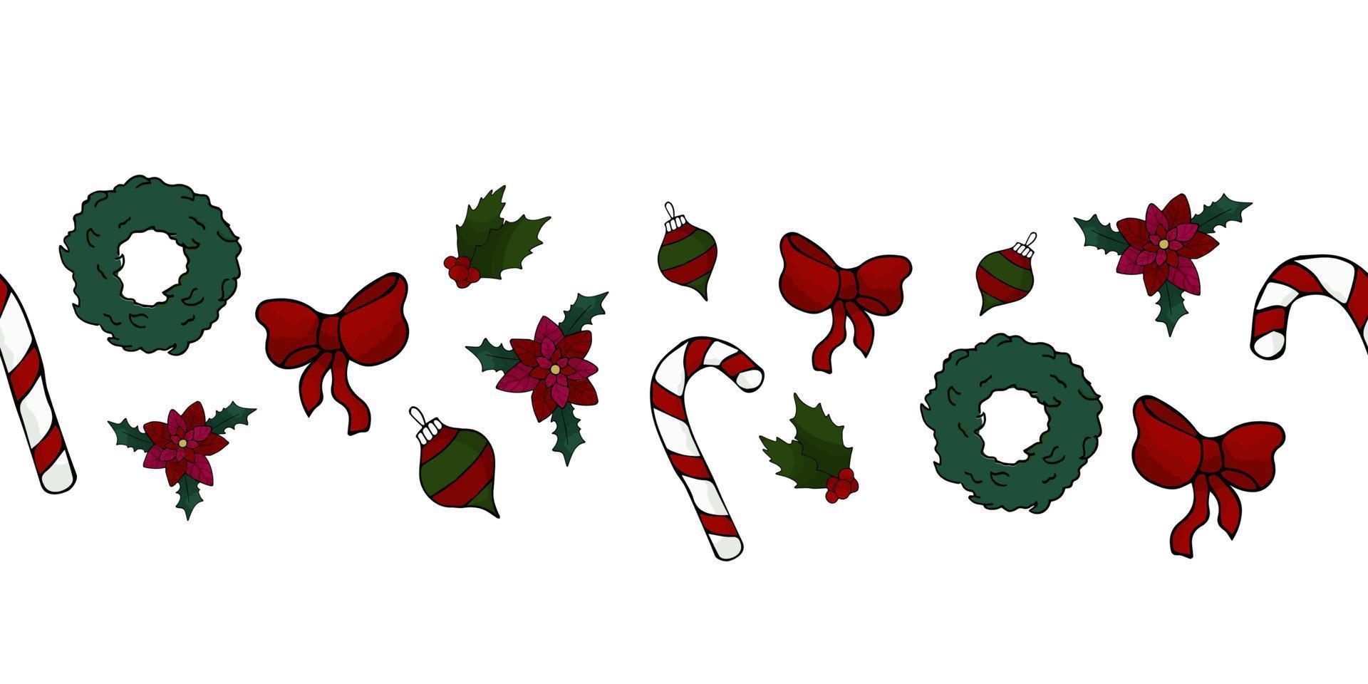 Fröhliche Weihnachten. Grenzschablone mit Stechpalme, Kranz, Süßigkeiten. Handzeichnungsstil. Vektor-Illustration vektor
