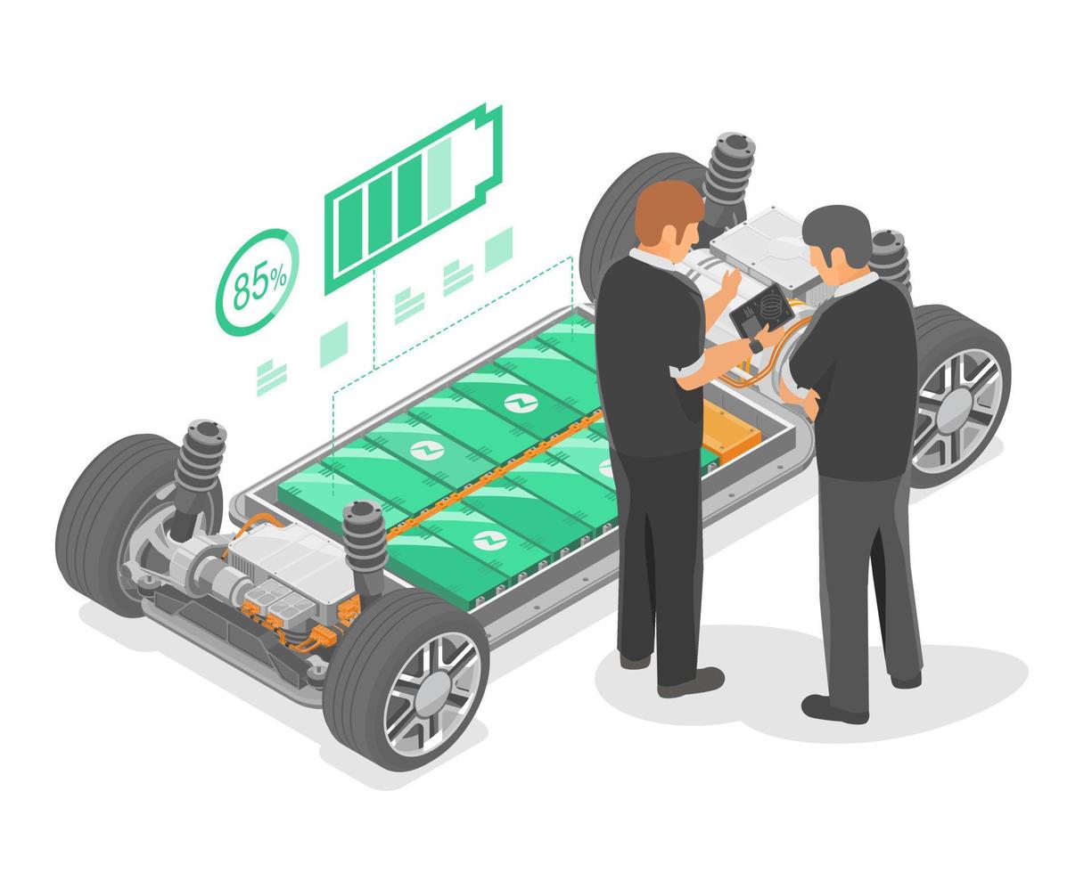 herstellung batterie elektroauto produktion lithium li ionen pack modular ev motorteile layout motorsteuerung isometrische isolierte vektorillustration vektor