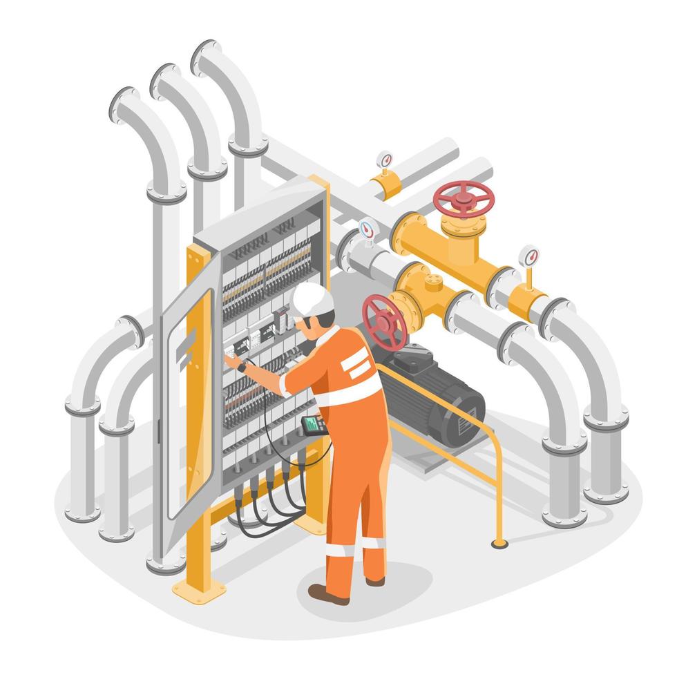 stromingenieur plc controller box maschinensystem wartung ventile und rohrleitungstechniker engineering service geräte öl- und gaspumpstation gasgastransportindustrie isometrischer vektor
