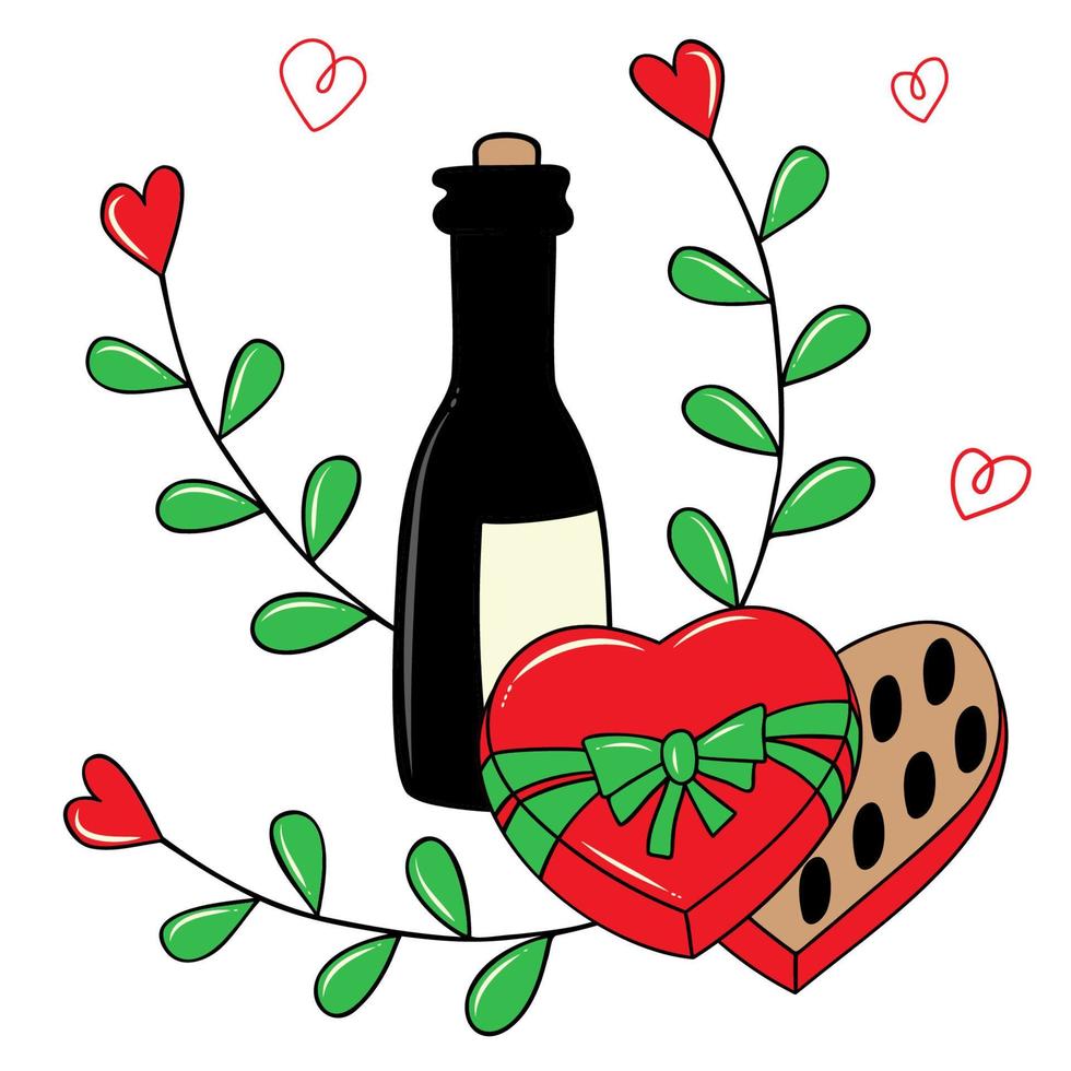 vektorillustration - eine flasche champagner, eine offene schachtel pralinen, blätter mit herzen. illustration zum valentinstag, valentinstag, 8. märz. vektor