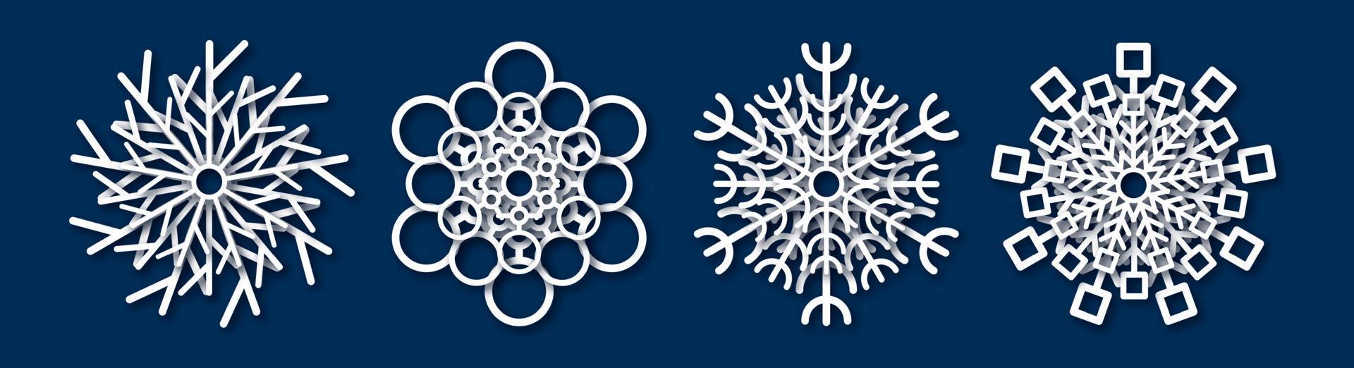 papper skära snöflinga. uppsättning av fyra vit snöflingor på blå bakgrund. jul och ny år dekoration element. vektor illustration