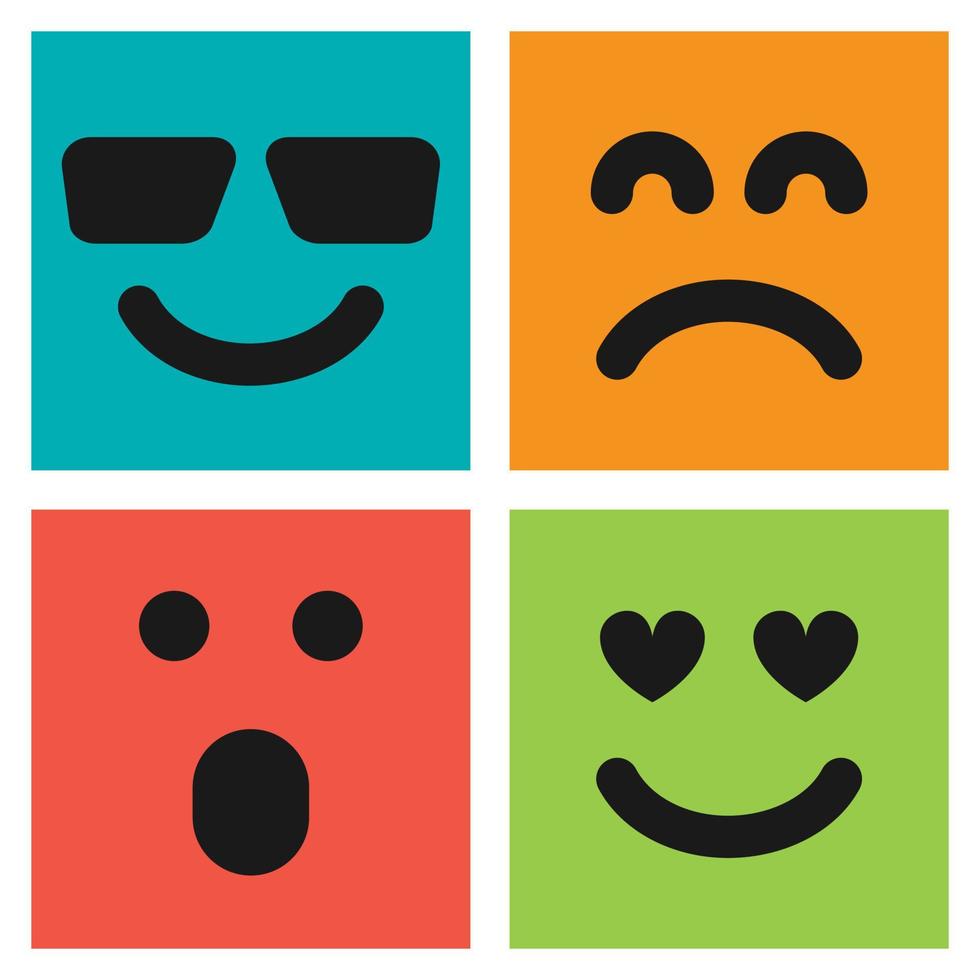 uppsättning av fyra färgrik uttryckssymboler med smiley, älskade, överraskad och missnöjd ansikten. emoji ikon i fyrkant. platt bakgrund mönster. vektor illustration