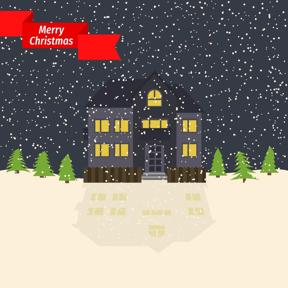 winternacht mit einsamem haus und fallendem schnee und einem roten band mit der aufschrift frohe weihnachten. Vektor-Illustration. vektor