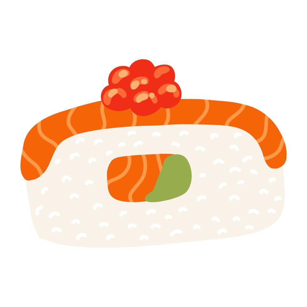 Sushi-Nigiri mit Lachs und rotem Kaviar im flachen Cartoon-Stil. handgezeichnete japanische traditionelle küche vektor