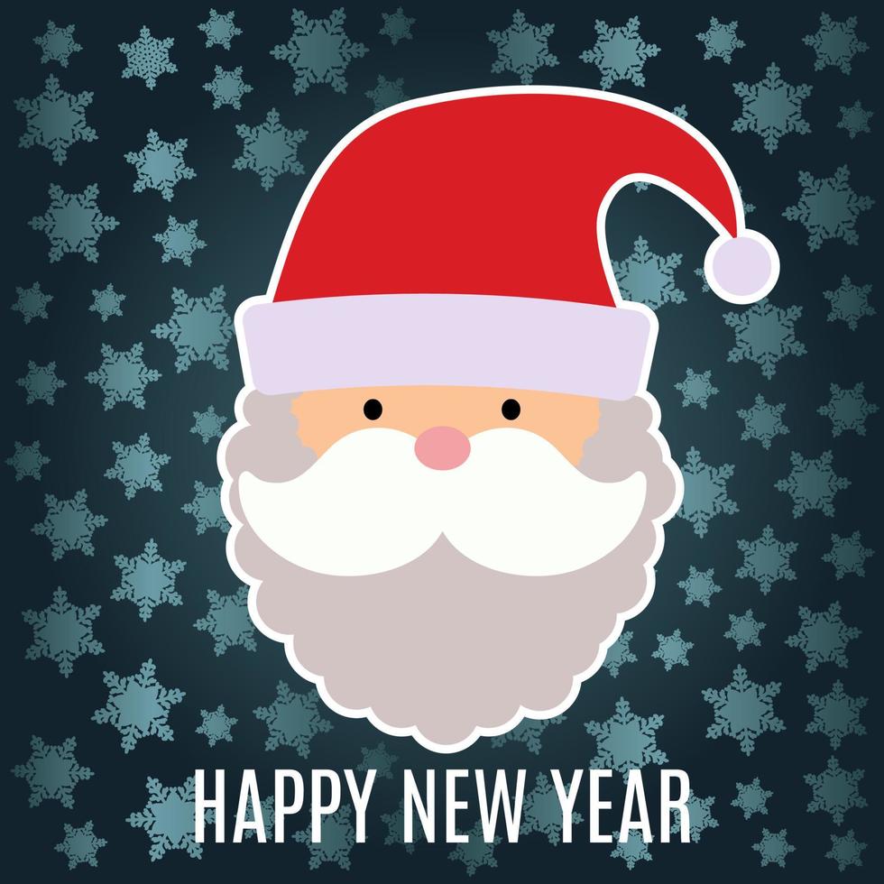 Neujahrsgrußkarte mit Weihnachtsmann auf dunkelblauem Hintergrund mit Schneeflocken. vektor
