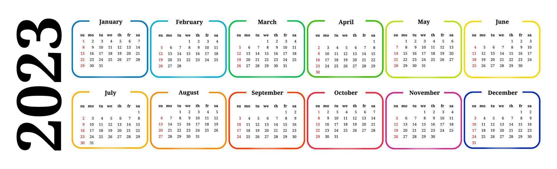 horisontell kalender för 2023 isolerat på en vit bakgrund. söndag till måndag, företag mall. vektor illustration