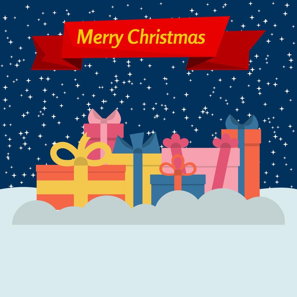 geschenkboxen auf schnee und sternenhimmel und ein rotes band mit der aufschrift frohe weihnachten. Vektor-Illustration. vektor