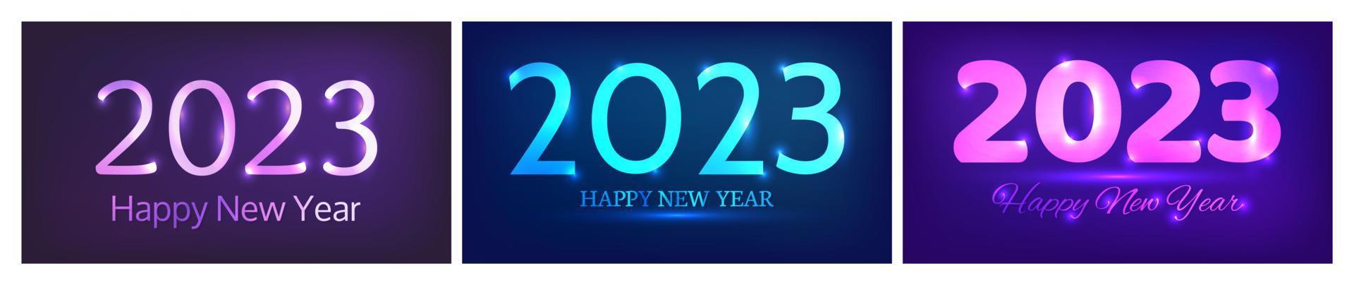 2023 Lycklig ny år neon bakgrund. uppsättning av tre abstrakt neon bakgrunder med lampor för jul Semester hälsning kort, flygblad eller affischer. vektor illustration