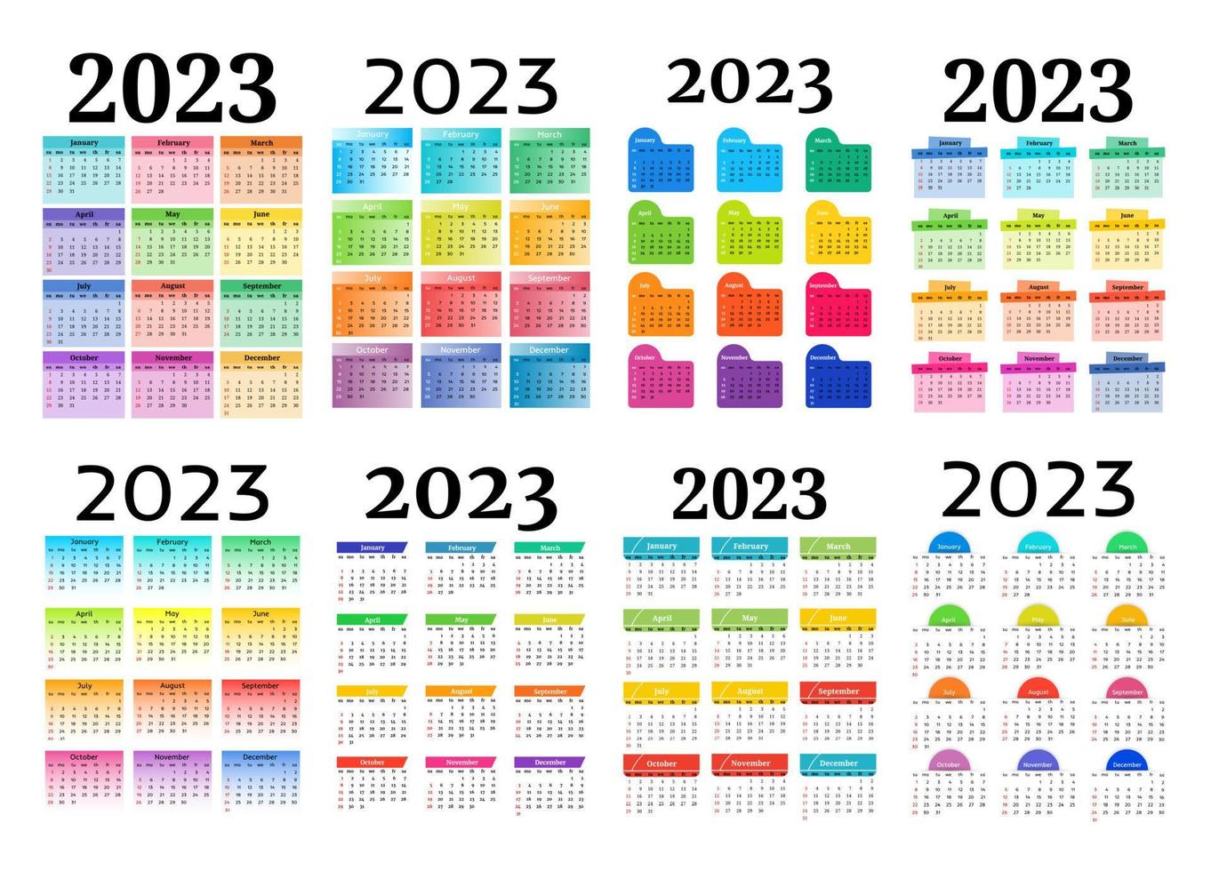 uppsättning av åtta vertikal kalendrar för 2023 isolerat på en vit bakgrund. söndag till måndag, företag mall. vektor illustration