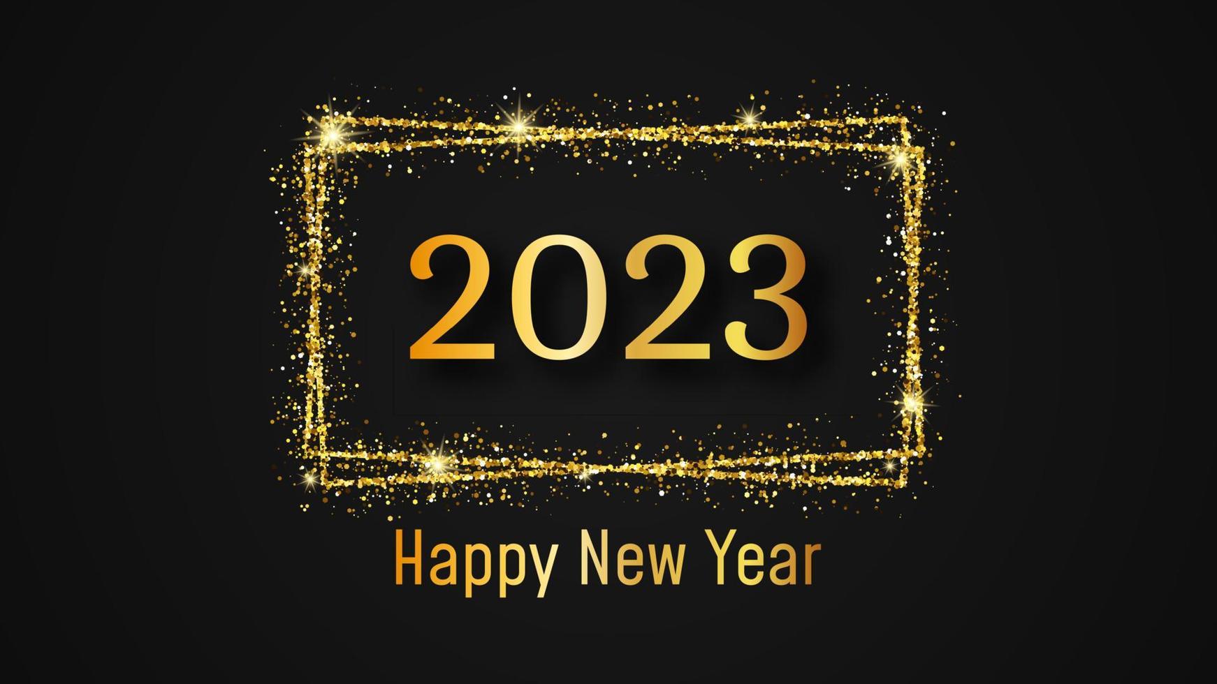 2023 Lycklig ny år bakgrund. guld inskrift i en guld glitter rektangel för jul Semester hälsning kort, flygblad eller affischer. vektor illustration