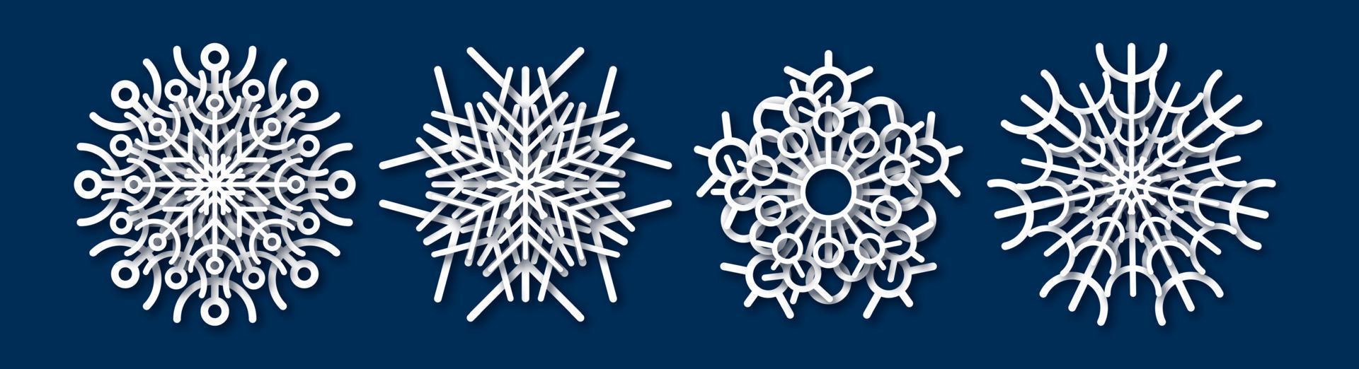 papper skära snöflinga. uppsättning av fyra vit snöflingor på blå bakgrund. jul och ny år dekoration element. vektor illustration