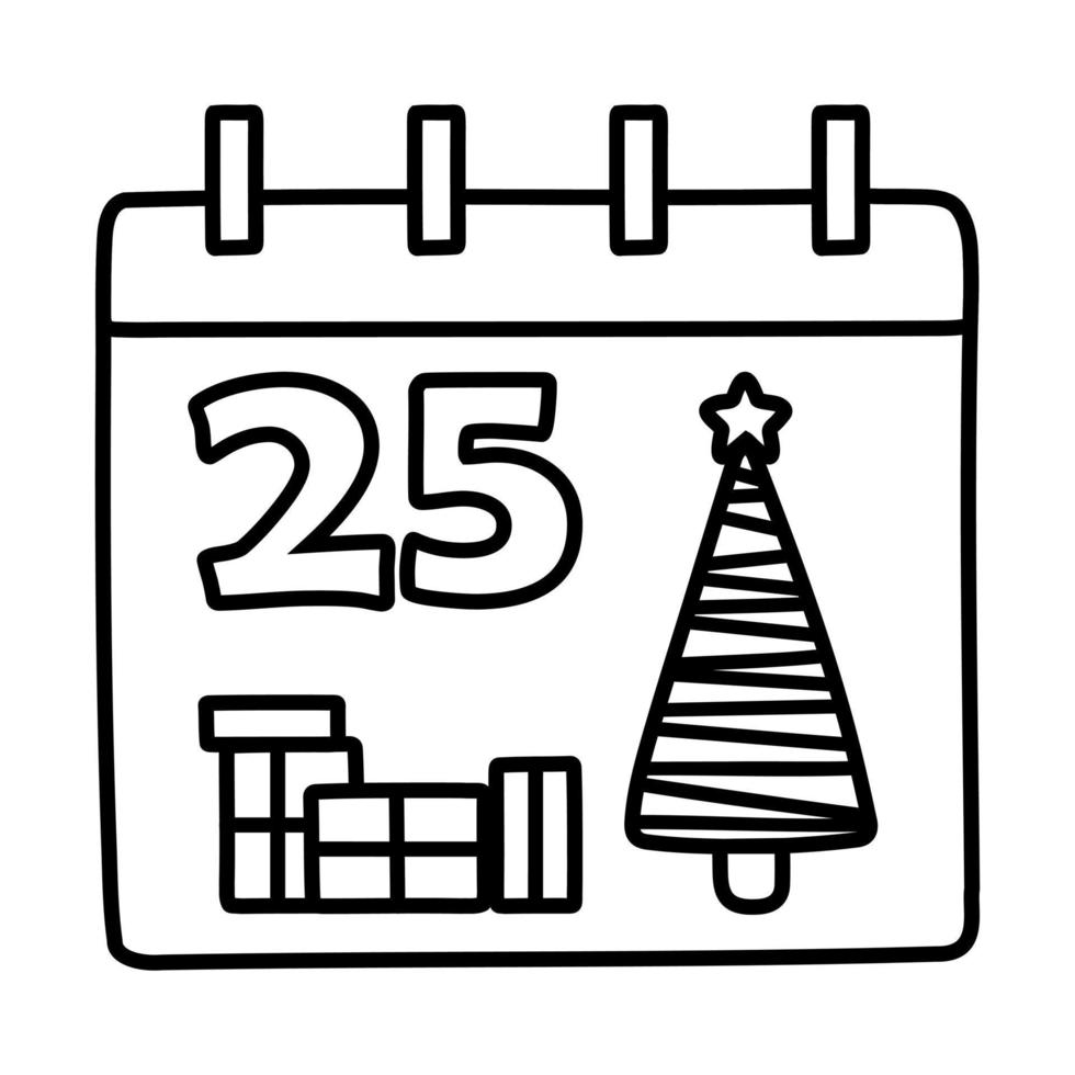 ein handgezeichneter weihnachtskalender mit der nummer 25. gekritzel für grußkarten, poster, aufkleber und saisonales design. vektor