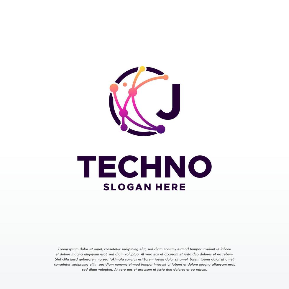 j Anfangspixel-Technologie-Logo entwirft Konzeptvektor, Netzwerk-Internet-Digitaldraht-Logo vektor