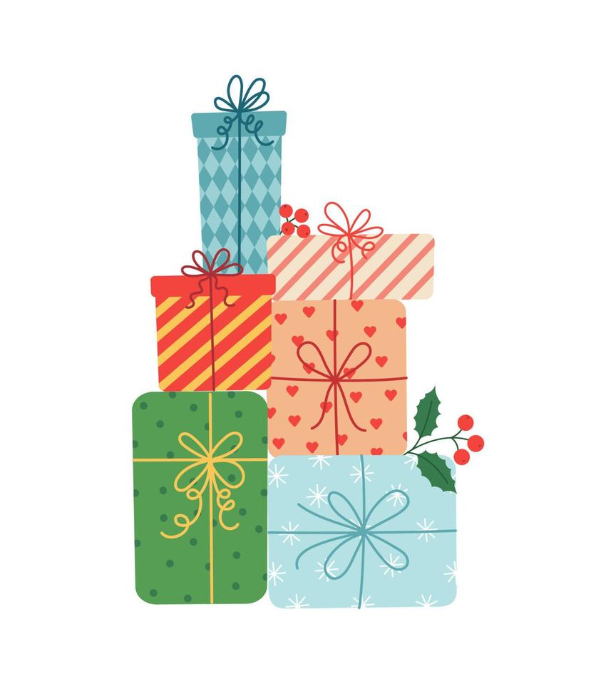 stapel geschenkboxen in festlichem verpackungspapier mit band und schleifen. stapel verschiedener geschenke für weihnachtsferien. flache vektorillustration lokalisiert auf weiß vektor