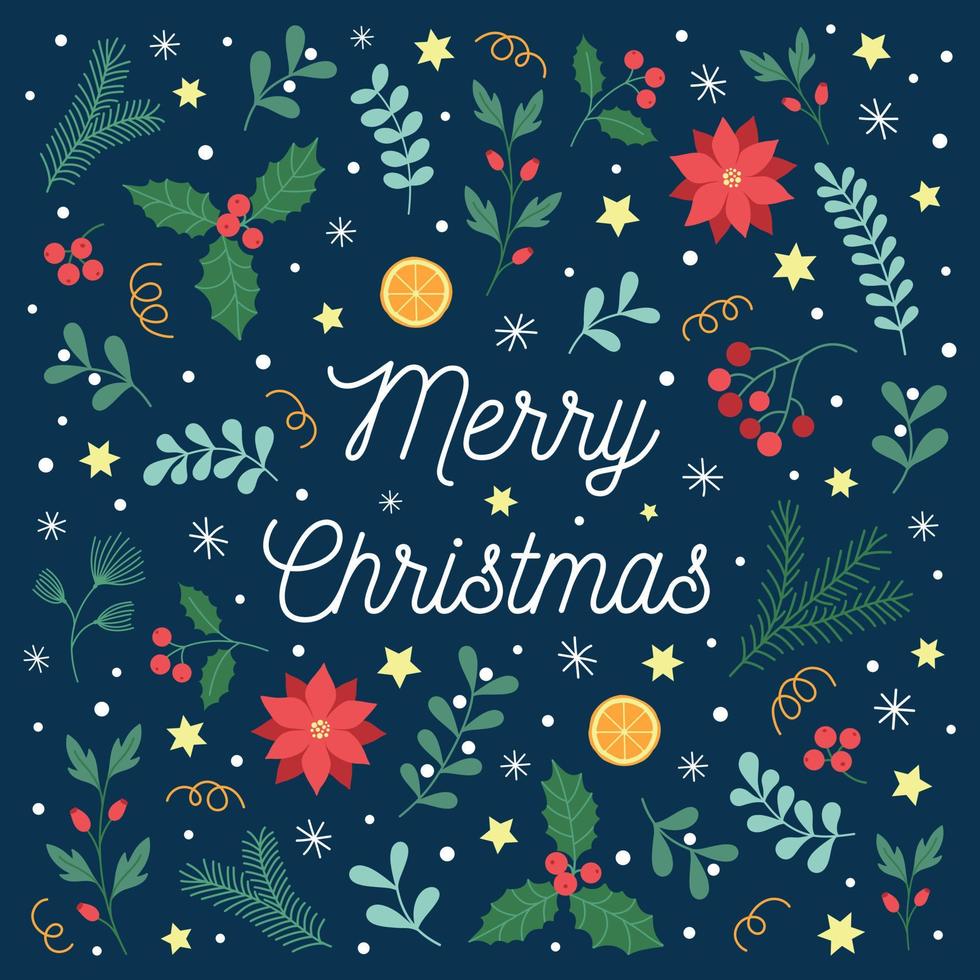 jul hälsning kort med hand dragen dekorativ element, järnek, mistel, snöflingor, stjärnor. vektor söt platt illustration.