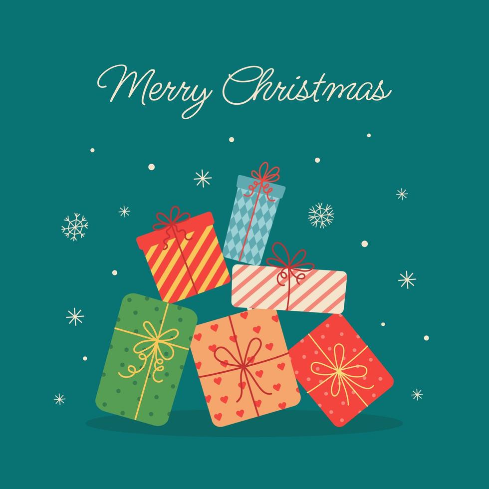 jul hälsning kort med en stack av gåva lådor i skön omslag papper och snöflingor. platt söt vektor illustration.