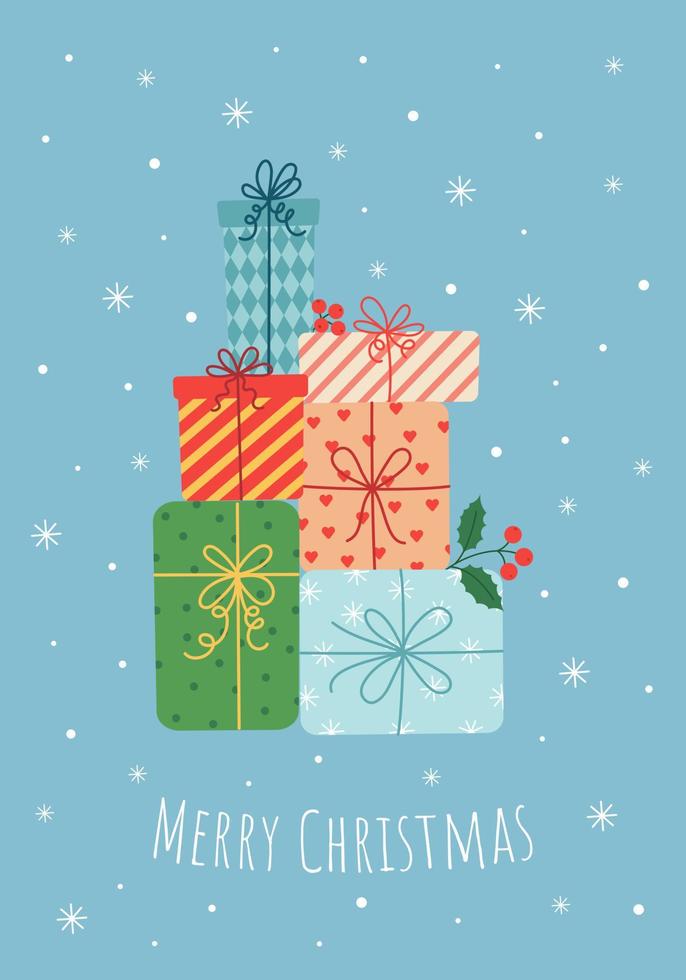 jul hälsning kort med en stack av gåva lådor i skön omslag papper, järnek bär och snöflingor. blå bakgrund. platt söt vektor illustration.