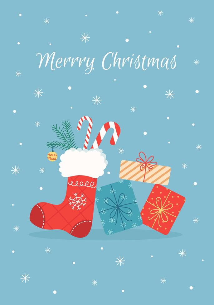 jul kort på en blå bakgrund med gåva lådor, röd jul strumpa, snöflingor, en gren av en jul träd. platt söt illustration. vektor