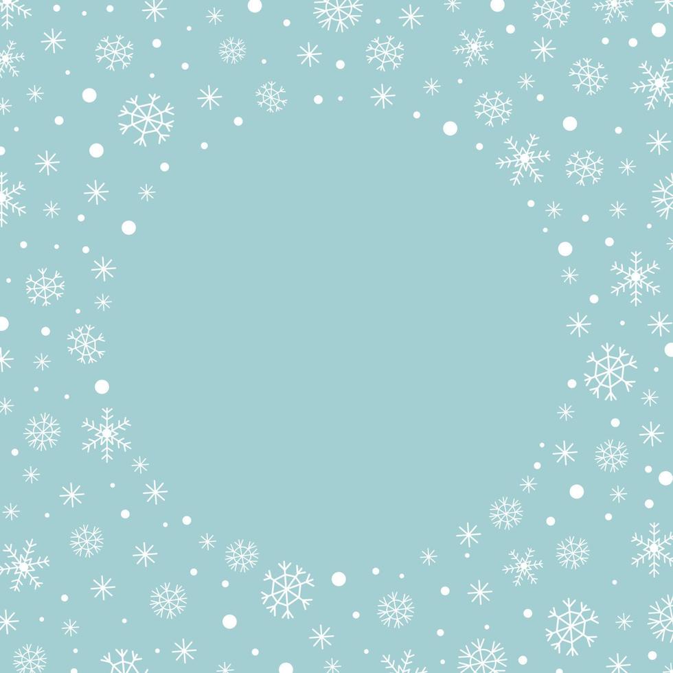 abstrakt jul bakgrund med en runda ram av vit snöflingor, snö och en Plats till kopia i de Centrum. vektor illustration.