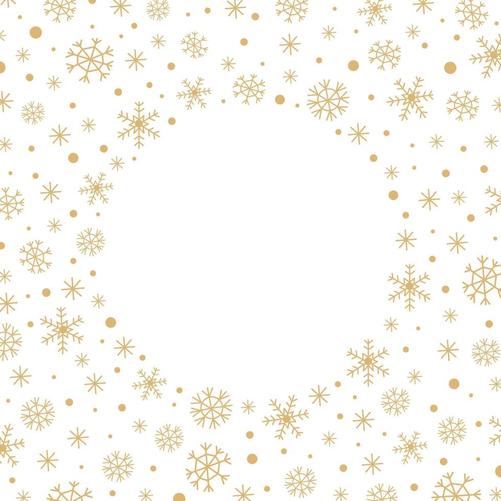 abstrakter weihnachtlicher weißer Hintergrund mit einem runden Rahmen aus goldenen Schneeflocken, Schnee und Copyspace in der Mitte. Vektor-Illustration. vektor