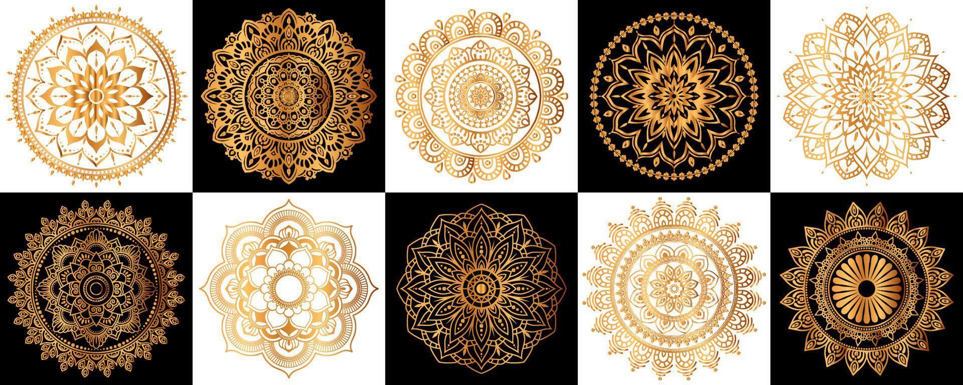 Reihe von goldenen Blumenmandala-Designs vektor