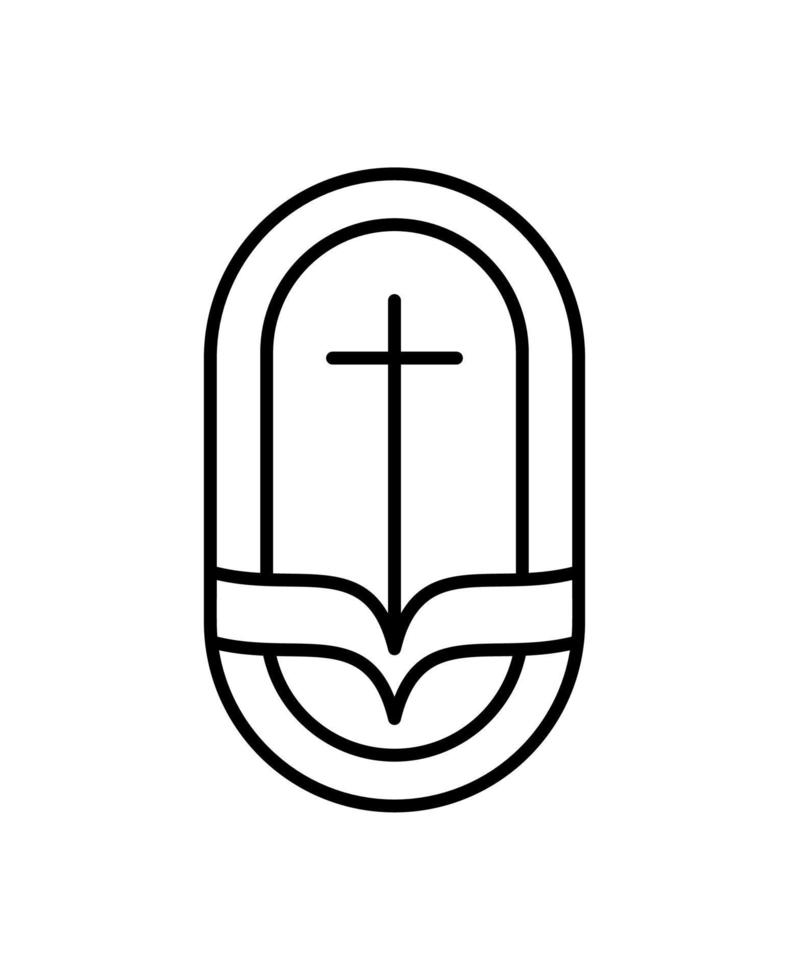 religion linje korsa och öppen bok bibel i kyrka. vektor logotyp ikon illustration isolerat. Jesus christ på calvary är Centrum kristendomen. Gud förlåtelse och kärlek för människor