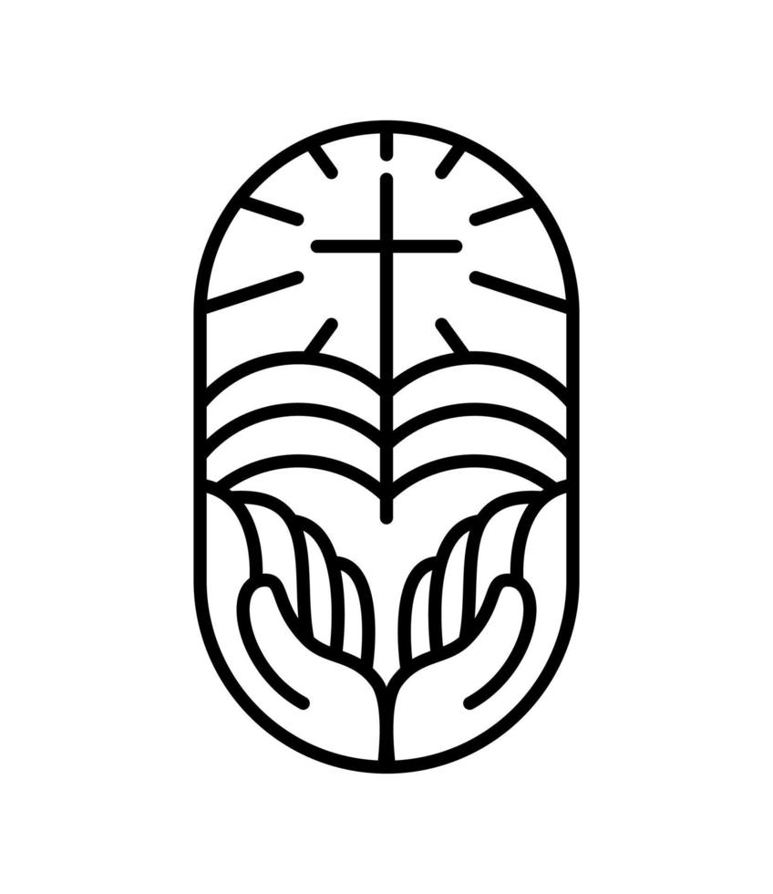 vektor religion linje korsa, öppen bok bibel och händer i kyrka. logotyp ikon illustration isolerat. Jesus christ på calvary är Centrum kristendomen. Gud förlåtelse och kärlek för människor